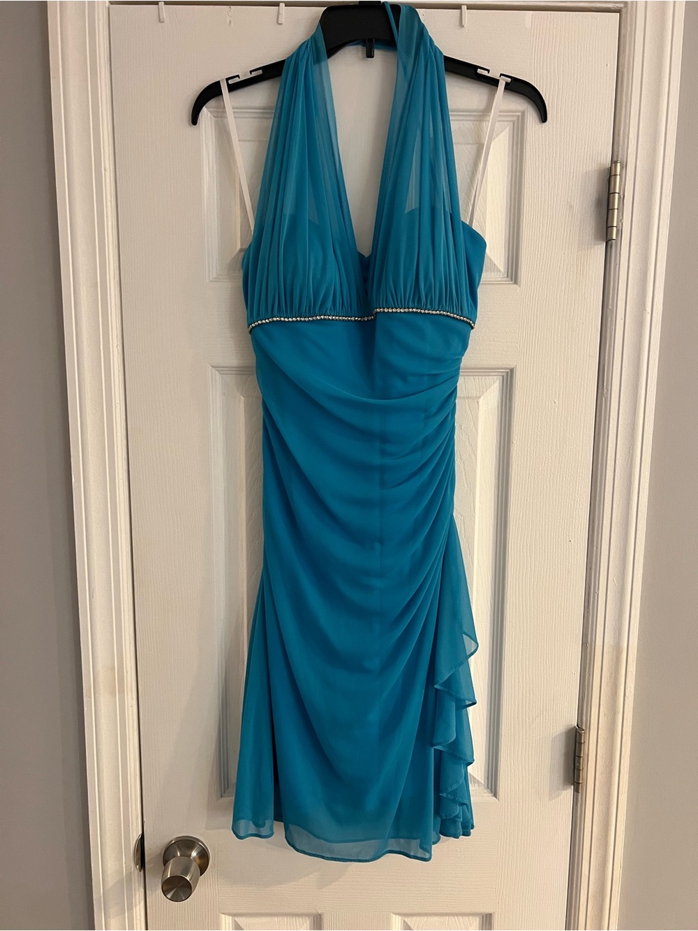Turquoise Halter Chiffon Evening Dress with Beaded Crystal Waist